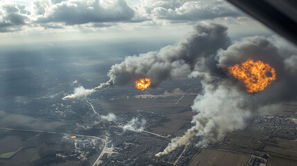 Aerial view of military aircraft dropping bombs over a city, with smoke and fire rising from the target area, capturing the intense and impactful moment of the strike.