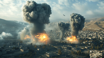 Aerial view of military aircraft dropping bombs over a city, with smoke and fire rising from the target area, capturing the intense and impactful moment of the strike.