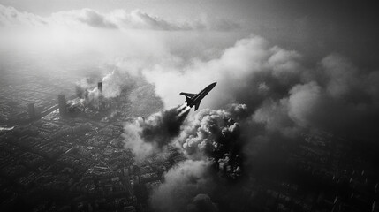 Aerial view of military aircraft dropping bombs over a city, with smoke and fire rising from the target area, capturing the intense and impactful moment of the strike.