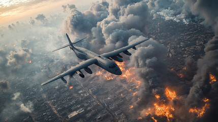 Aerial view of military aircraft dropping bombs over a city, with smoke and fire rising from the target area, capturing the intense and impactful moment of the strike.