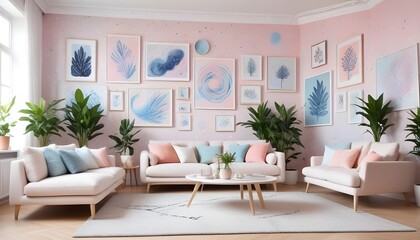 Scandinavian living room interior design zoom background,Doodle patterned wallpaper graphics