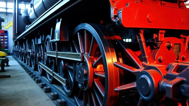Vintage Steam Locomotive Close-Up: Red Wheels and Metal Details, Perfect for Railway Enthusiasts and Decorative Art