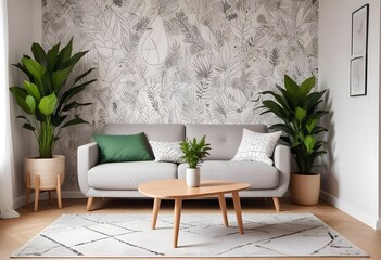 Scandinavian living room interior design zoom background,Doodle patterned wallpaper graphics