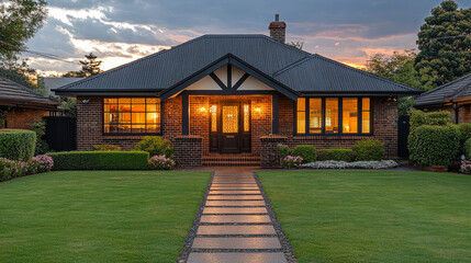Obraz premium Charming brick house with well-maintained garden at dusk in a suburban neighborhood