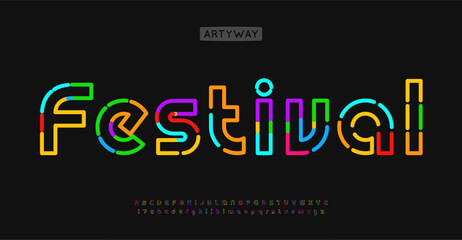 Colorful Neon contour alphabet, vivid linear letters, vibrant tube font for Y2K arcade logo, playful colored festival headline, multicolor nightlife branding. Vector typeset.