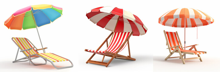 Set of beach chair with sun umbrella on white background