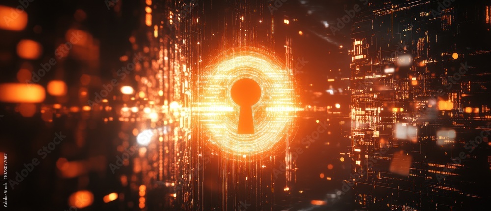 Poster a glowing keyhole surrounded by digital particles, symbolizing security and access.