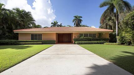 Obraz premium A charming single-story house with greenery and a paved driveway under a bright sky