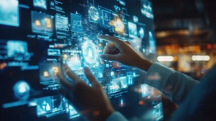 B2B advertising technology: Digital devices and holographic icons driving interactive marketing strategies for business professionals