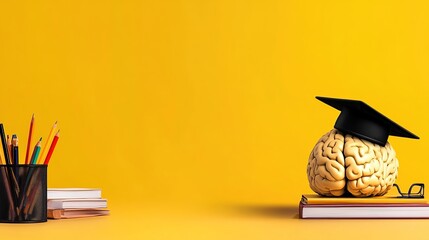Creative Concept of Education and Knowledge Featuring a Brain Wearing a Graduation Cap Surrounded by Books and Stationery on a Bright Yellow Background