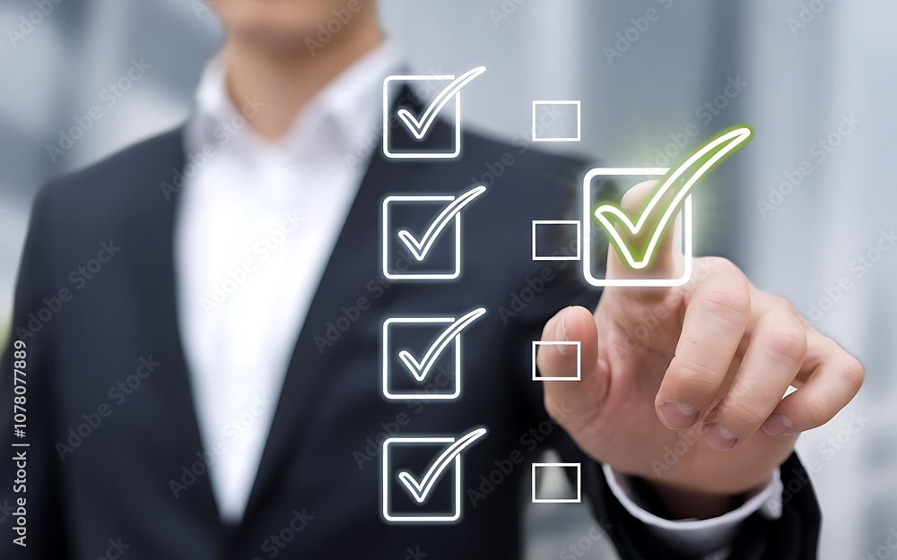 Poster businessman checking off tasks on a virtual checklist