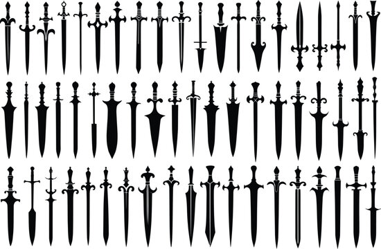 Sword silhouette vectors. Silhouettes of swords vector illustrations.