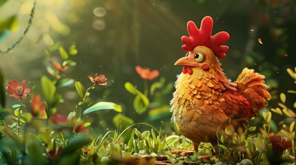 Cute Cartoon Chicken in a Forest Setting: Adorable Hen in a Lush Green Landscape