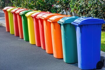 A row of colorful recycling bins on a street, promoting waste segregation and environmental care.