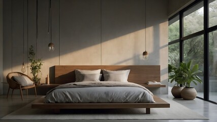 AI-generated minimalist bedroom blending Japanese, French, and Belgian styles with natural materials, serene backdrops, and varied lighting for elegance