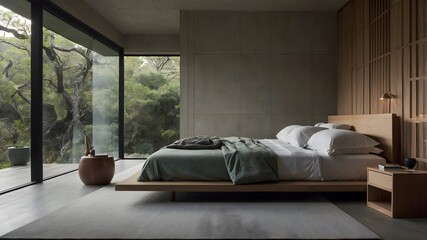 AI-generated minimalist bedroom blending Japanese, French, and Belgian styles with natural materials, serene backdrops, and varied lighting for elegance