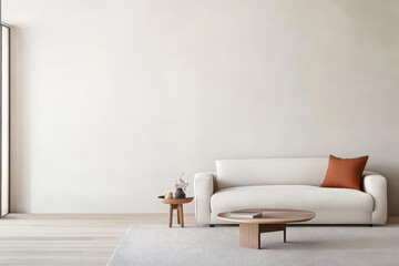 Cozy living room with a modern sofa wooden coffee table and minimal decor in soft tones