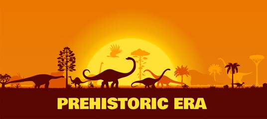 Prehistoric era dinosaurs silhouettes in sunset landscape of Jurassic park, vector background. Cartoon prehistoric dinosaur lizards silhouettes in jungle or night forest with sunset and palm trees © Vector Tradition