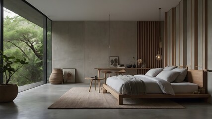 AI-generated minimalist bedroom blending Japanese, French, and Belgian styles with natural materials, serene backdrops, and varied lighting for elegance