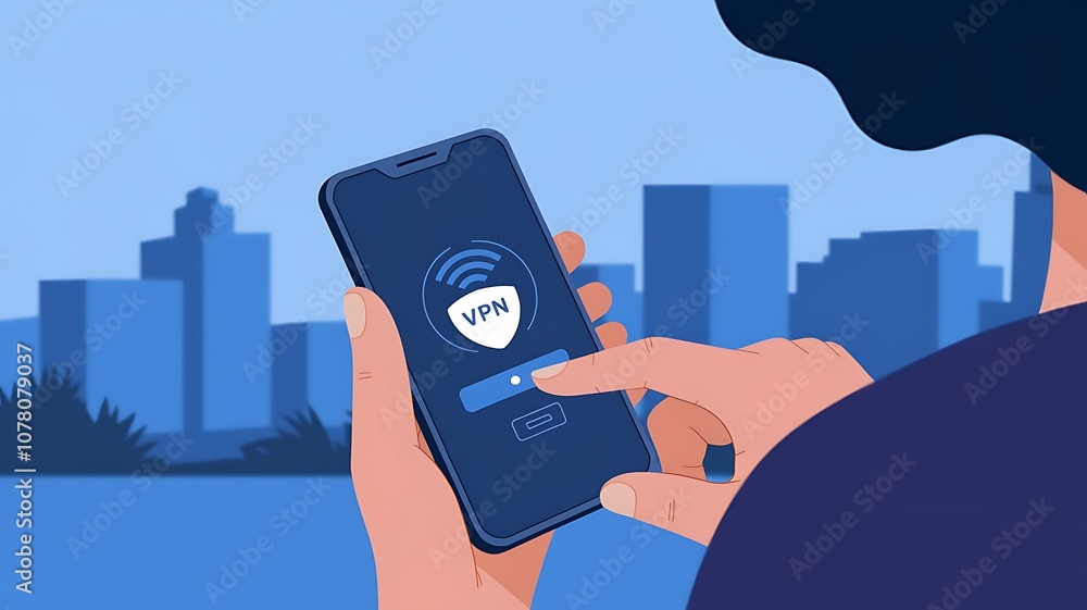 Poster secure connection in the city: a person uses a smartphone to connect to a secure vpn network, enjoyi