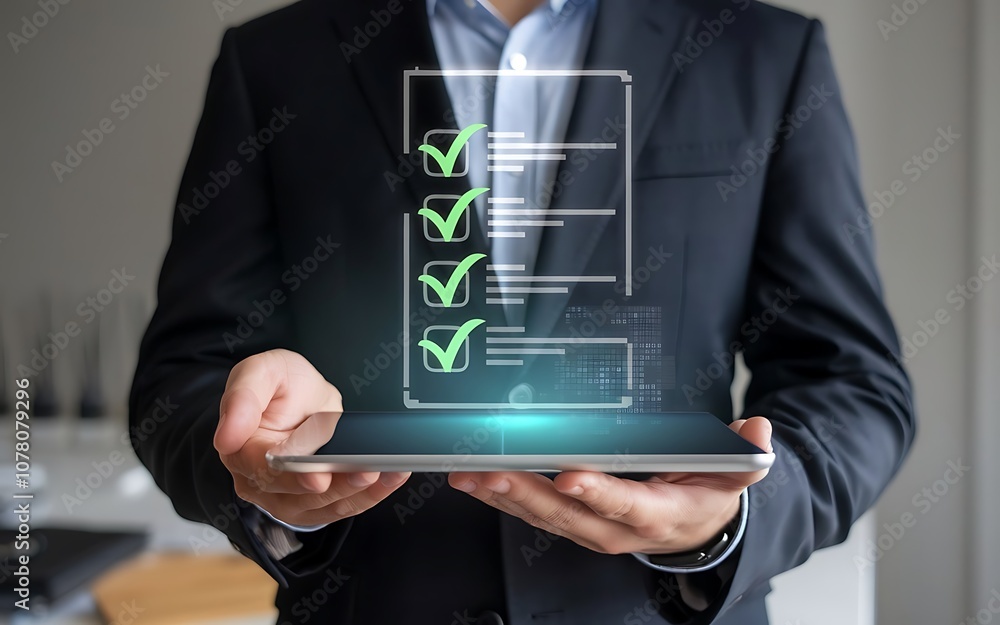 Poster checklist completed: a businessman confidently holds a tablet displaying a digital checklist with gr