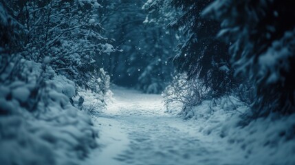 Front view of a snowy mountain path disappearing into a thick, snow-covered forest.