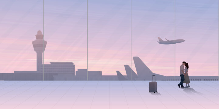 Couple of lover kissing at the airport have plane and dramatic sky background through windows graphic illustration. Happy ending scene concept.