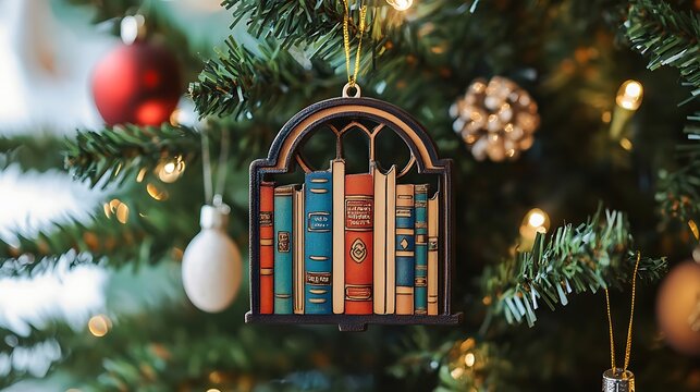 A close-up of a Christmas tree ornament shaped like a bookshelf with a row of colorful books.
