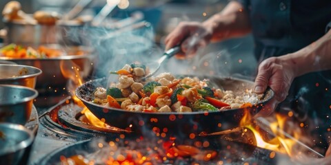 Fototapeta premium Stir Fry Cooking in a Wok with Fire