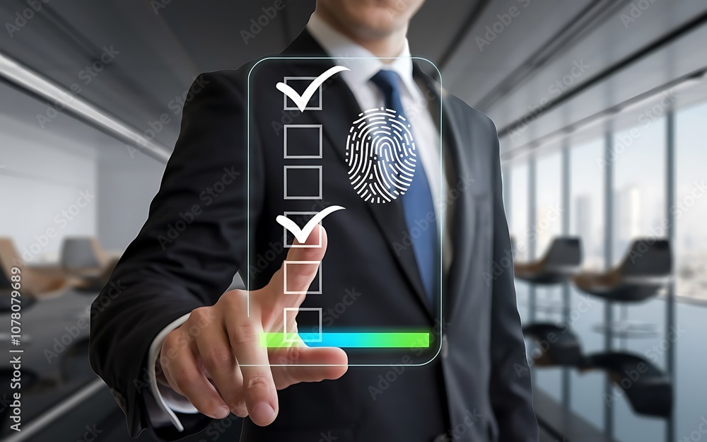 Poster secure access granted: businessman using biometric verification on a digital interface