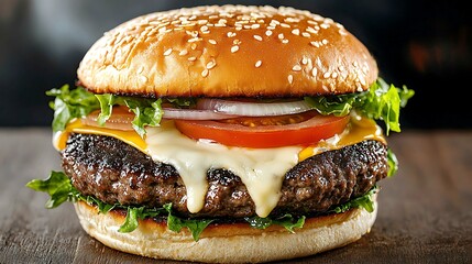 A succulent beef patty, perfectly grilled to juicy perfection, topped with melted cheese and accompanied by crisp lettuce, ripe tomato slices, thinly sliced onion, all nestled between a soft