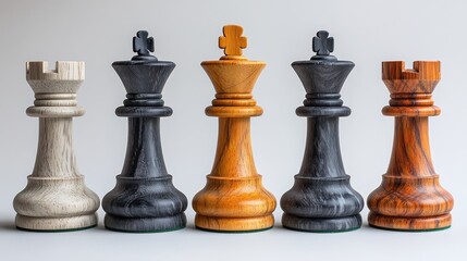 Fototapeta premium Five chess pieces, a white rook, black king, wooden king, black king and a brown rook, standing in a row on a white background.