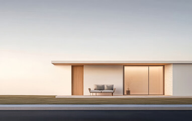 Modern minimalist house with a wooden entrance and a cozy sofa set against a serene backdrop