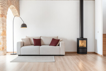 Cozy living area with modern sofa lamp and fireplace in a contemporary space