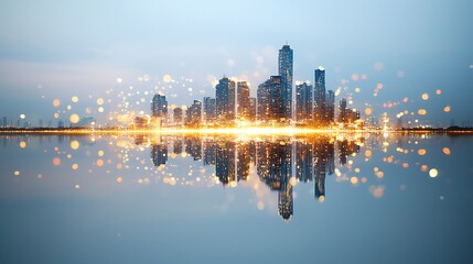 Obraz premium The shimmering city skyline is beautifully mirrored in the calm waters below, creating a breathtaking display of lights and colors that dance and twinkle in the stillness of the night.