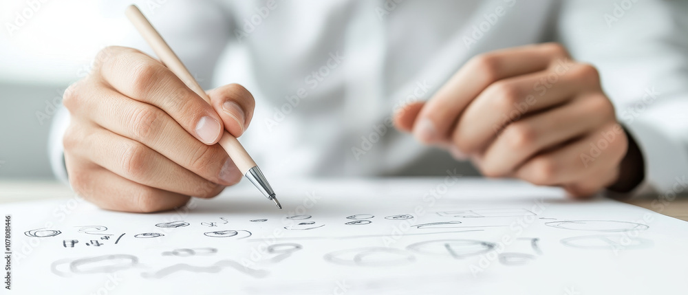 Poster creative brainstorming session with hands sketching ideas on paper