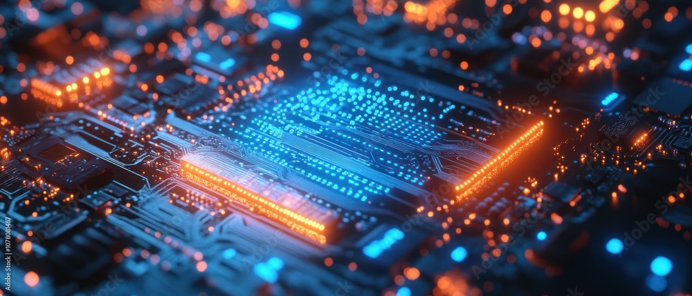 Poster close-up of a circuit board with glowing components, illustrating advanced technology.