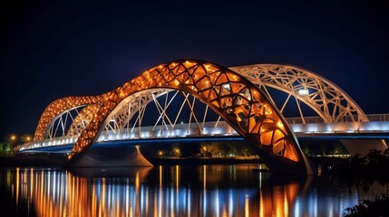 Obraz premium A beautifully illuminated bridge arches over a calm river at night, showcasing modern architecture.