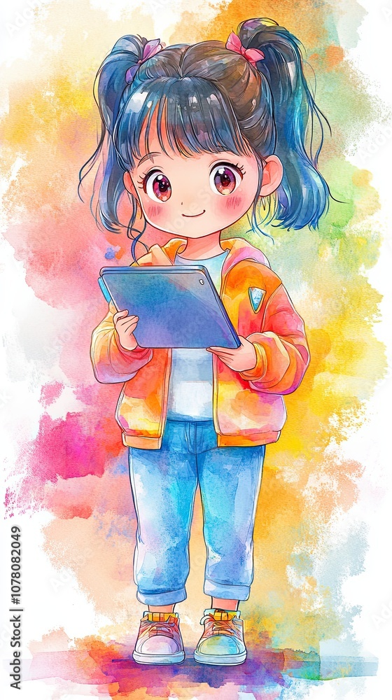 Poster self publishing cute character with tablet in chibi style