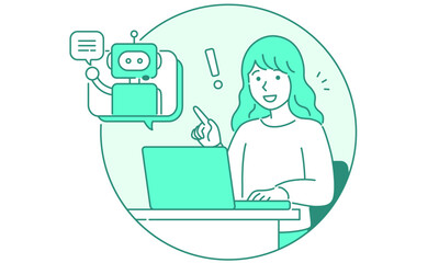 人工知能のAIロボットとチャットボット対話するパソコンを使う女性・シンプルでポップなベクターイラスト