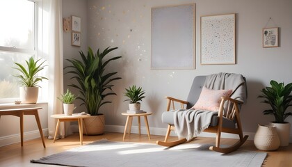 Scandinavian living room interior design zoom background,Doodle patterned wallpaper graphics
