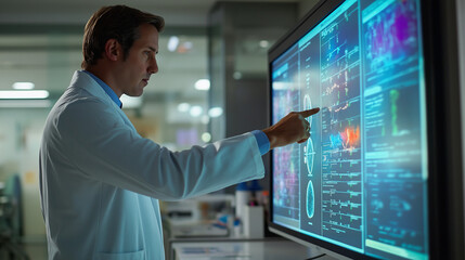 Doctor in a lab coat pointing at a digital immunity chart in a modern hospital