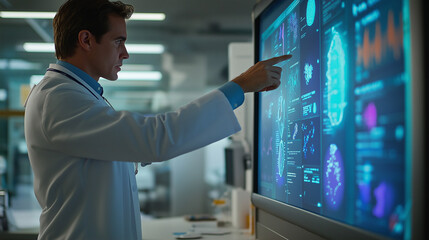 Doctor in a lab coat pointing at a digital immunity chart in a modern hospital
