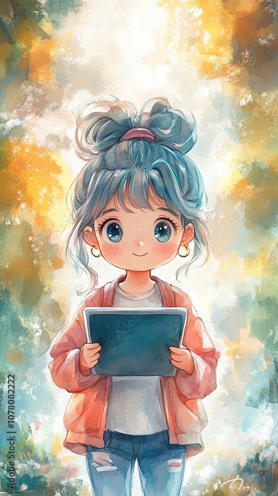 Aufkleber self publishing cute character with tablet in a colorful setting