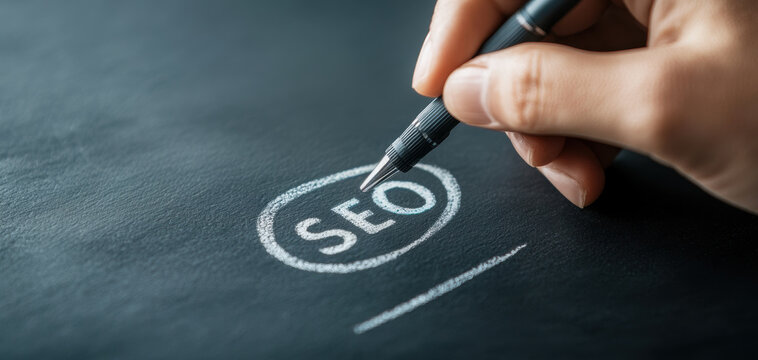 Hand writing SEO on blackboard with pen, emphasizing digital marketing strategies and optimization techniques