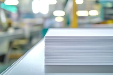 A stack of blank paper in a workspace, indicating preparation for printing or writing.