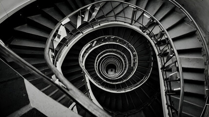 Fototapeta premium Black and white photograph of spiraling staircase shot from down stairs