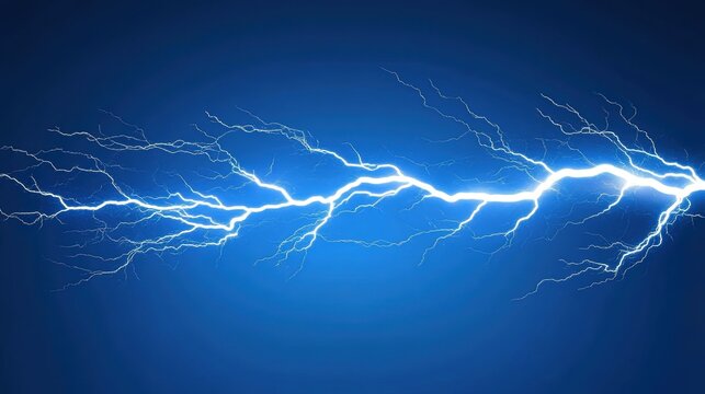 High-Definition Electric Lightning Bolt Striking Against Deep Blue Background, Showcasing Dynamic Energy and Natural Power in Vibrant Colors