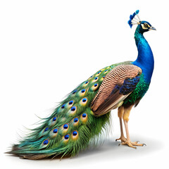 Obraz premium A stunning peacock showcases its vibrant plumage against a white background.