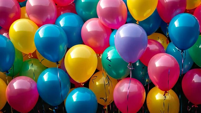 Video footage of vibrant collection of colorful balloons in various shades of yellow, blue, pink, and purple, creating a festive and cheerful atmosphere.